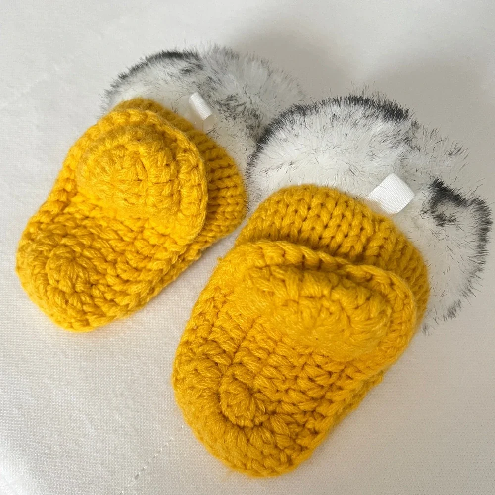 Cozy Golden Yellow Knit Baby Booties with Faux Fur Trim